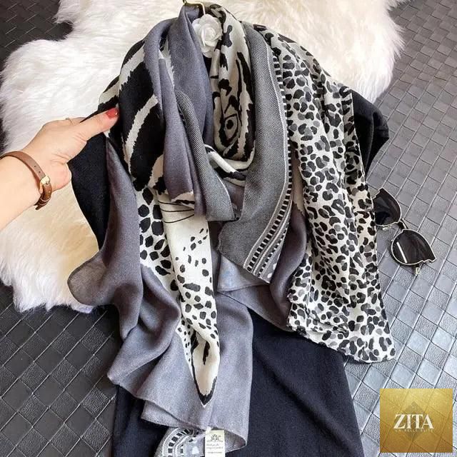 Women’s leopard print cotton scarf by Stevvex, large winter shawl with floral tassels, perfect for cozy casual wear and stylish warmth.