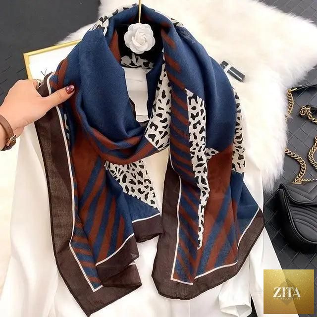 Women’s leopard print cotton scarf by Stevvex, large size winter shawl with floral tassels and casual silk wrap design.