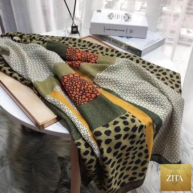 Women’s leopard print cotton scarf with floral tassels, large size winter shawl, casual warm wrap by Stevvex.
