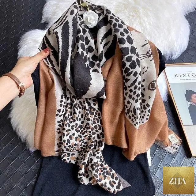 Women’s leopard print cotton scarf with floral tassels, large size winter shawl, casual warm wrap, by Stevvex.