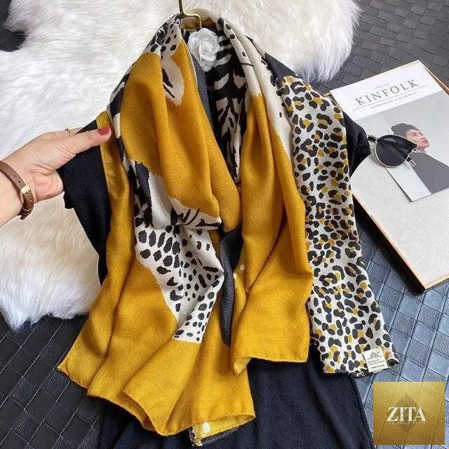 Women’s leopard print cotton scarf with floral tassels, large size winter shawl, warm casual wear by Stevvex.