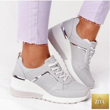 Women’s leopard print lace-up sports sneakers by Stevvex, breathable vulcanized shoes for running, walking, jogging, with height-increasing design.