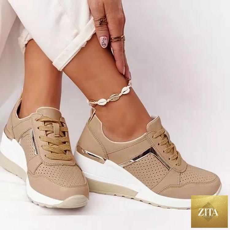 Women’s Stevvex leopard print sport running sneakers with breathable fabric, lace-up design, height increase, ideal for walking and jogging.