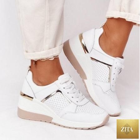 Women’s leopard print lace-up sport sneakers by Stevvex, breathable, height-increasing, ideal for running, walking, and jogging.