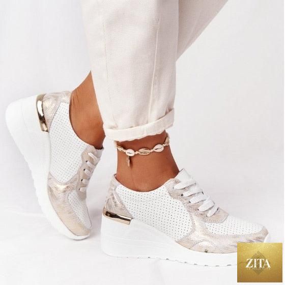 Women’s leopard print sport running sneakers by Stevvex, breathable, lace-up vulcanize shoes with height boost for walking and jogging.