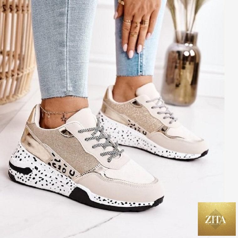 Women’s leopard print sport running sneakers by Stevvex, breathable, height-increasing, lace-up vulcanize shoes for walking and jogging.