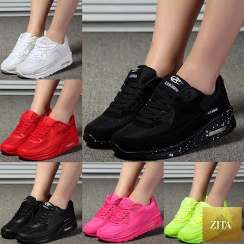 Women Stevvex soft platform sneakers in green, black, and pink with breathable air cushion, ideal for casual sports and walking.