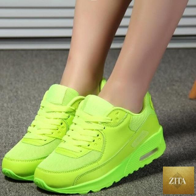 Women Stevvex soft platform sneakers in green, black, and pink with breathable air cushion, ideal for casual and athletic walking.