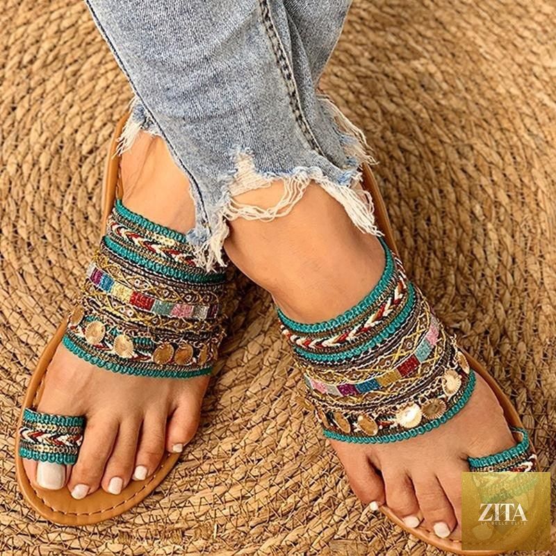 Women Stevvex summer flat sandals with open toe, strappy leather design, comfortable beach footwear, shiny casual slip-ons.