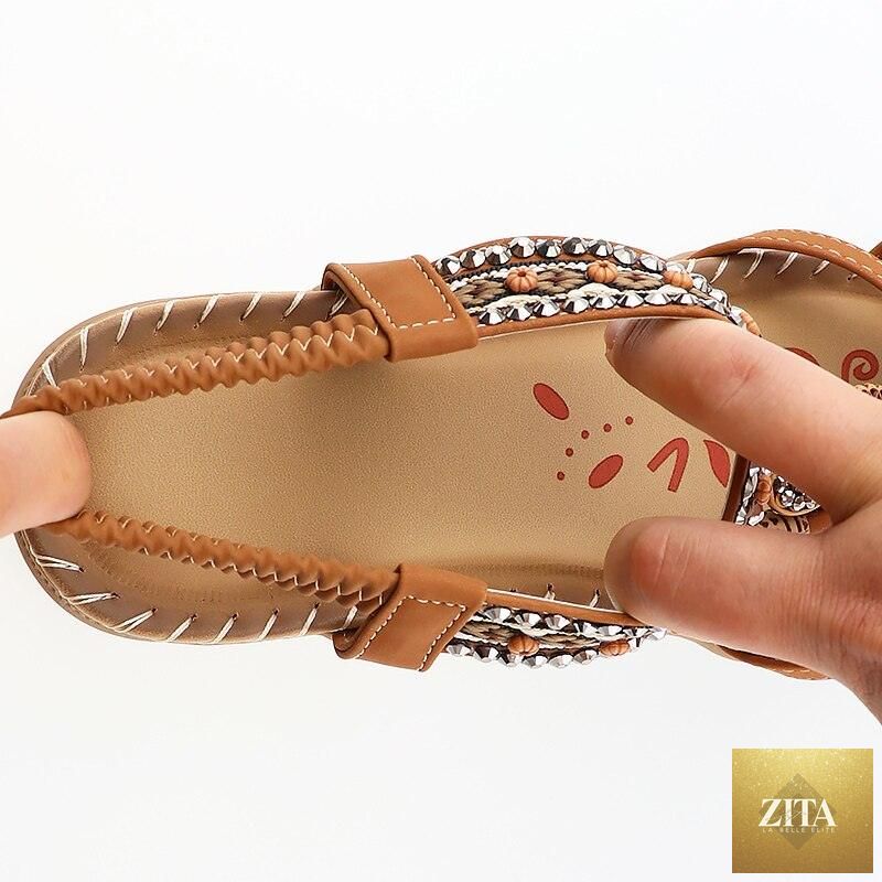 Women’s summer vintage rhinestone slides with butterfly-knot design, elastic ankle strap, and casual slip-on flat sandals by Stevvex.