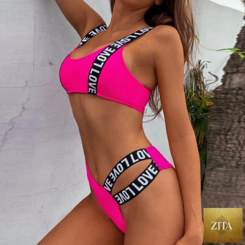 Women’s two-piece push-up bikini with high waist, crisscross halter top, letter print, backless design, luxury swimwear by Stevvex.