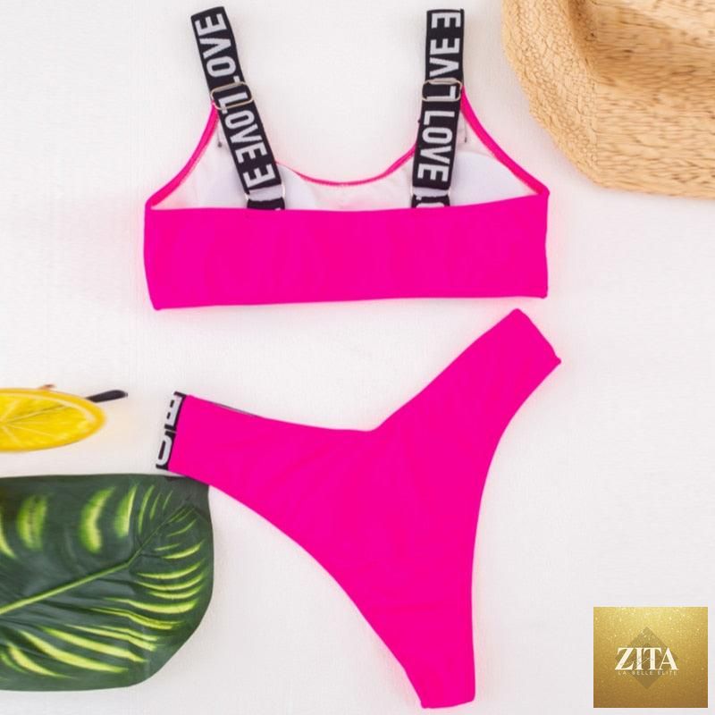 Women’s two-piece high-waist bikini set with crisscross halter top, letter print, push-up design, luxury swimwear for beach or pool.