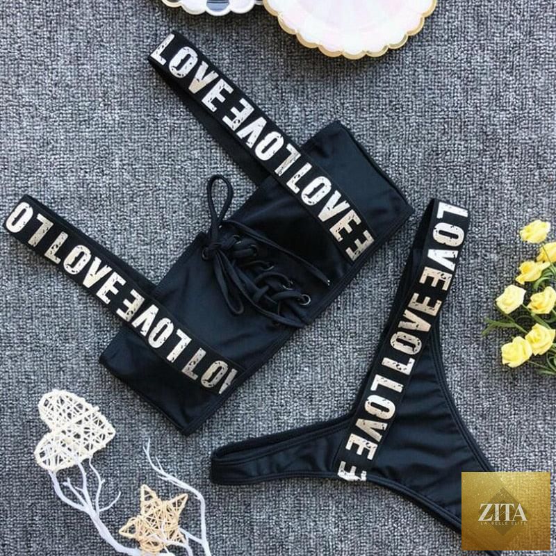 Women’s push-up two-piece bikini by Stevvex featuring high waist, crisscross halter, letter print, backless design, perfect for beachwear.