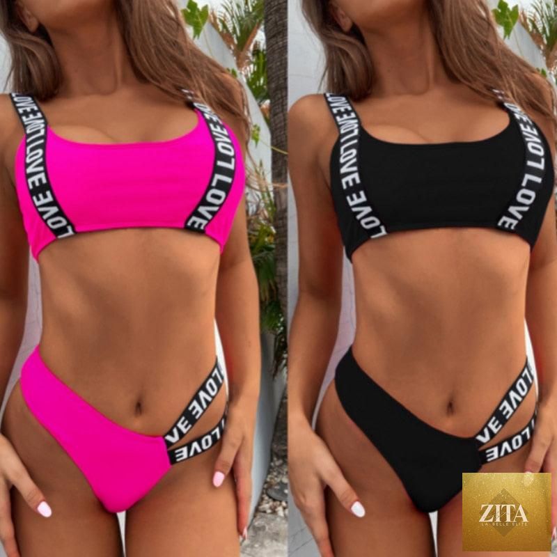 Women’s two-piece swimsuit by Stevvex featuring a push-up bikini, high waist, crisscross halter design, letter print, and backless style.