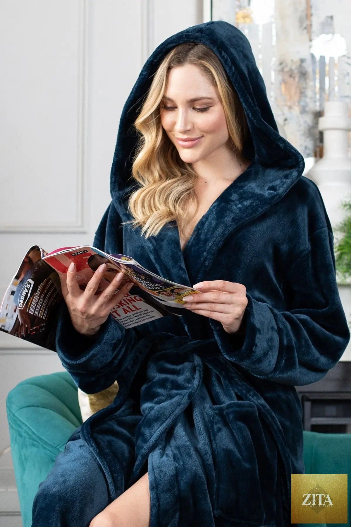 Women’s plush hooded robe by Lotus Linen, soft and cozy spa-style bathrobe with a hood, perfect for relaxing at home.