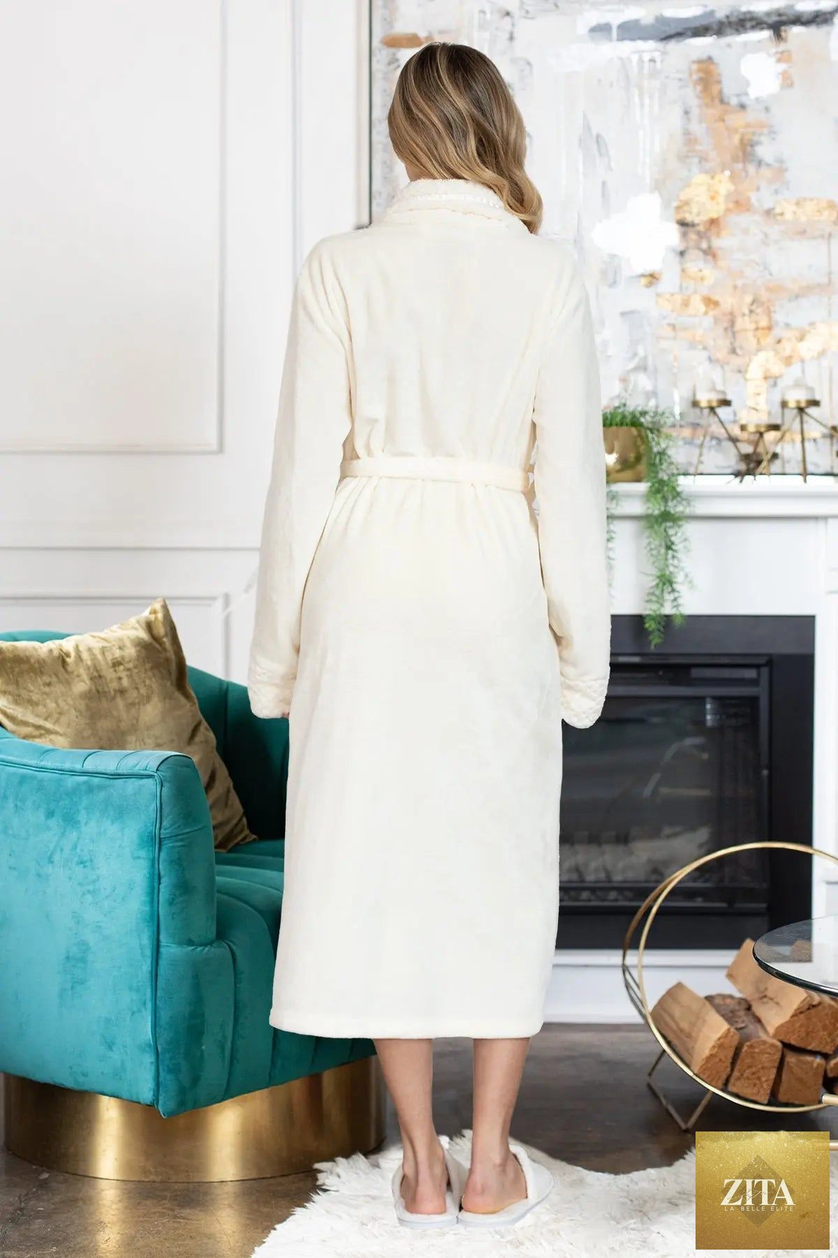 Women’s ultra-soft plush bathrobe by Lotus Linen, showing a cozy, lightweight robe with a shawl collar and waist tie.