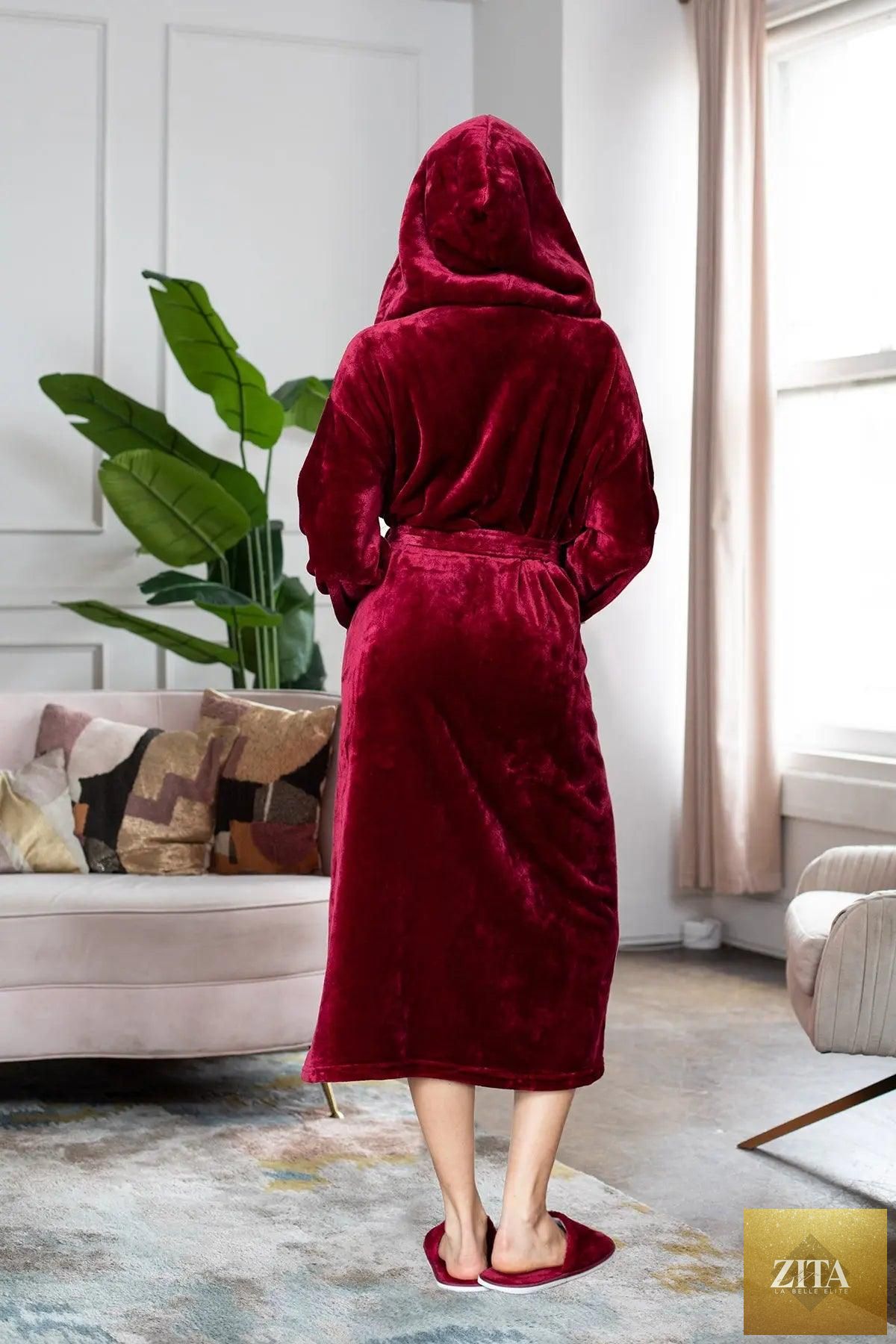 Women’s plush hooded robe from Lotus Linen, soft and cozy for spa-like comfort at home, shown in a relaxed fit.