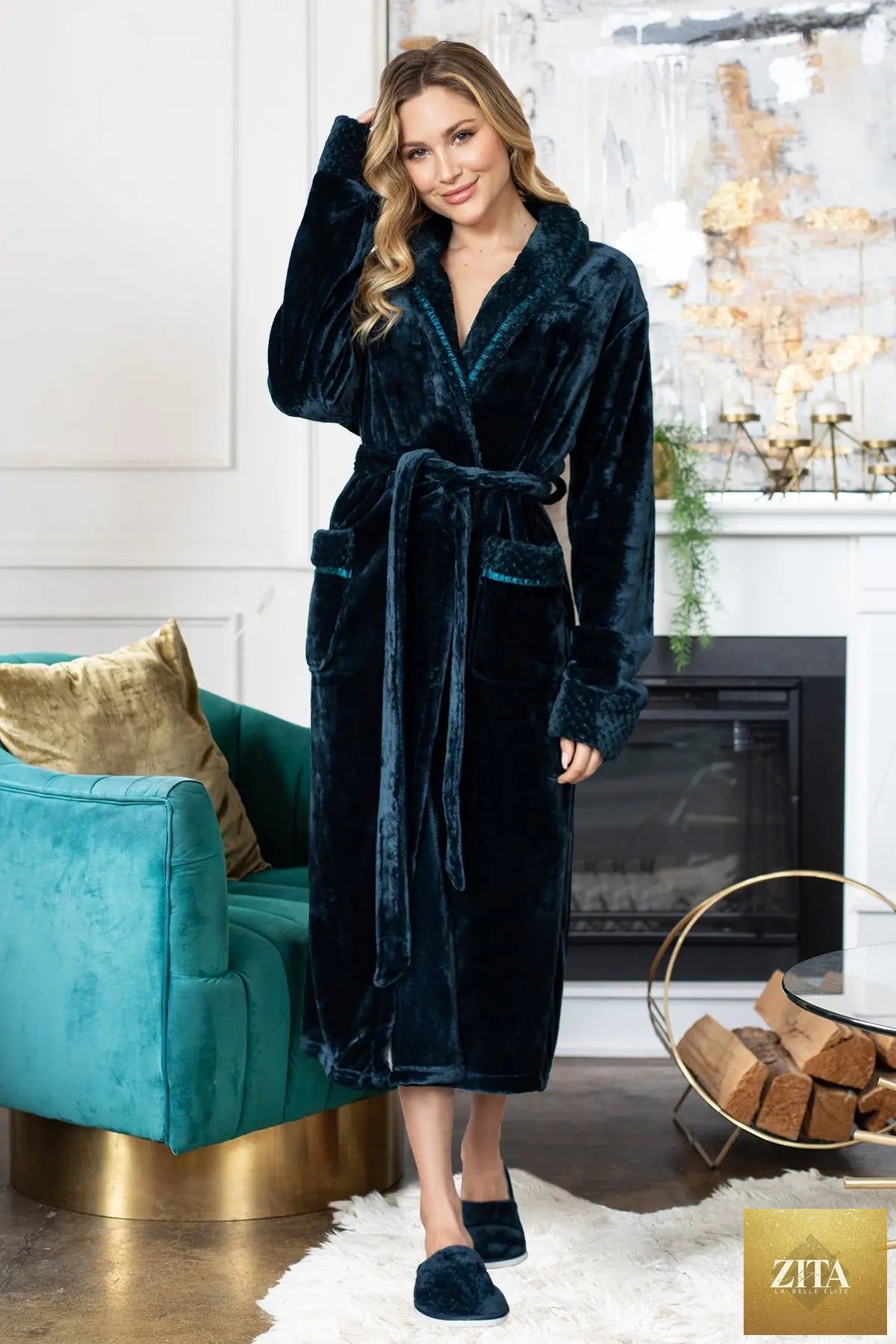 Women’s ultra soft plush bathrobe by Lotus Linen, showing the cozy, plush fabric and relaxed fit on a model.