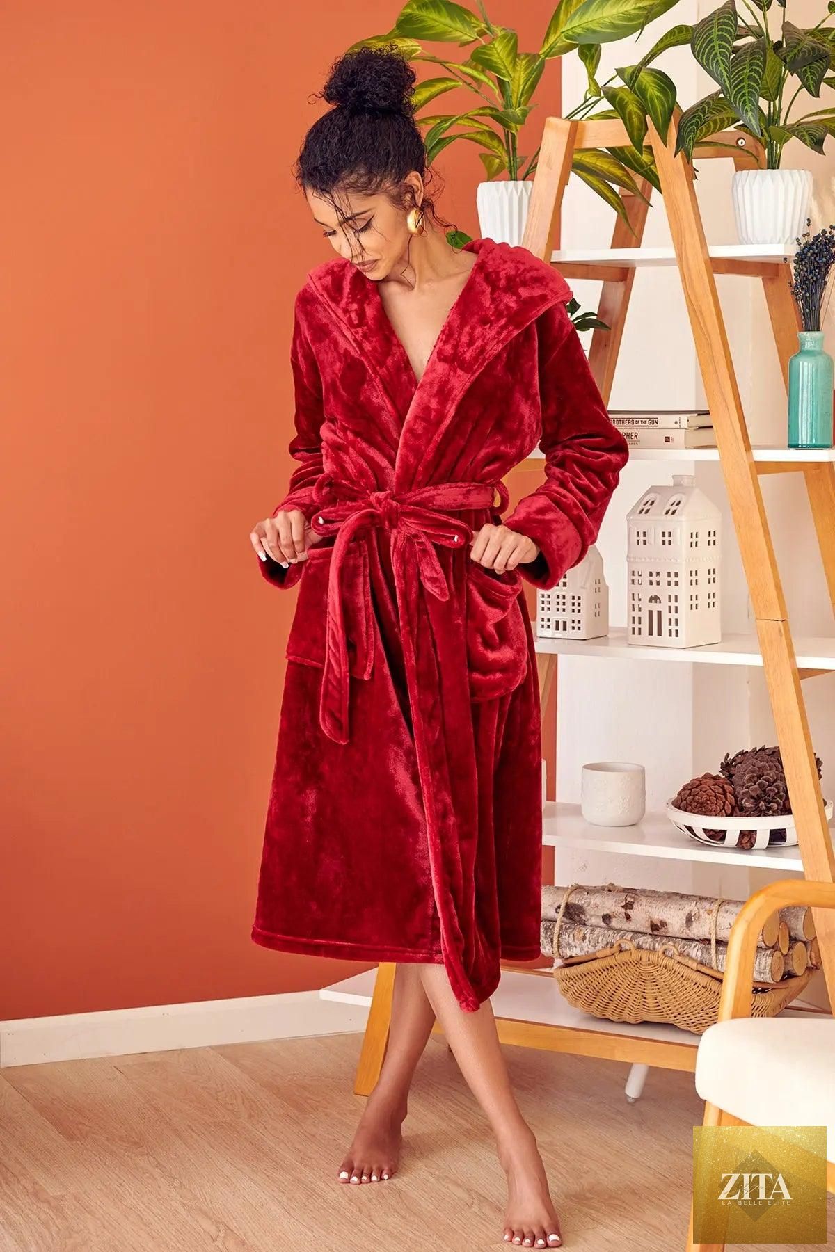 Women’s plush hooded robe by Lotus Linen, soft and cozy for spa-style comfort at home, with a hood and plush fabric.