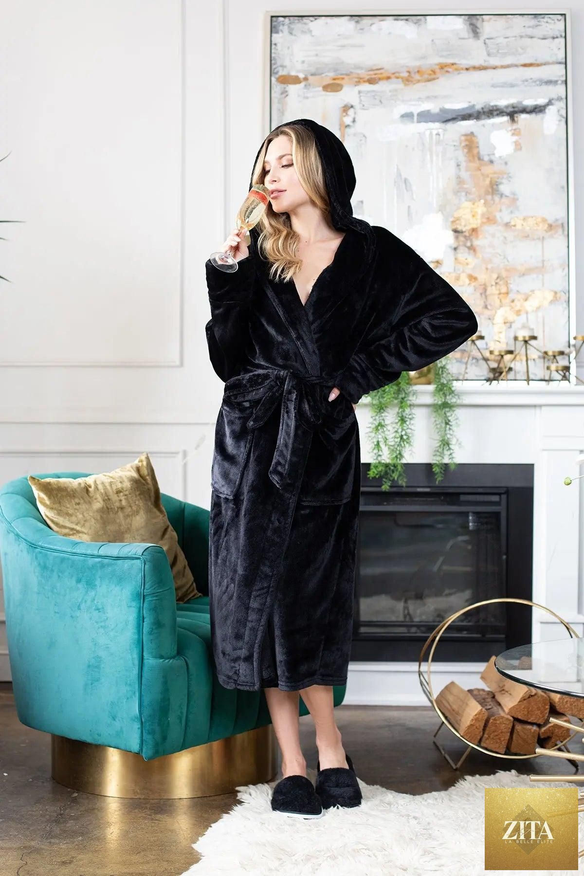 Women’s plush hooded robe by Lotus Linen, featuring soft, cozy fabric and a comfortable hood for spa-like relaxation at home.
