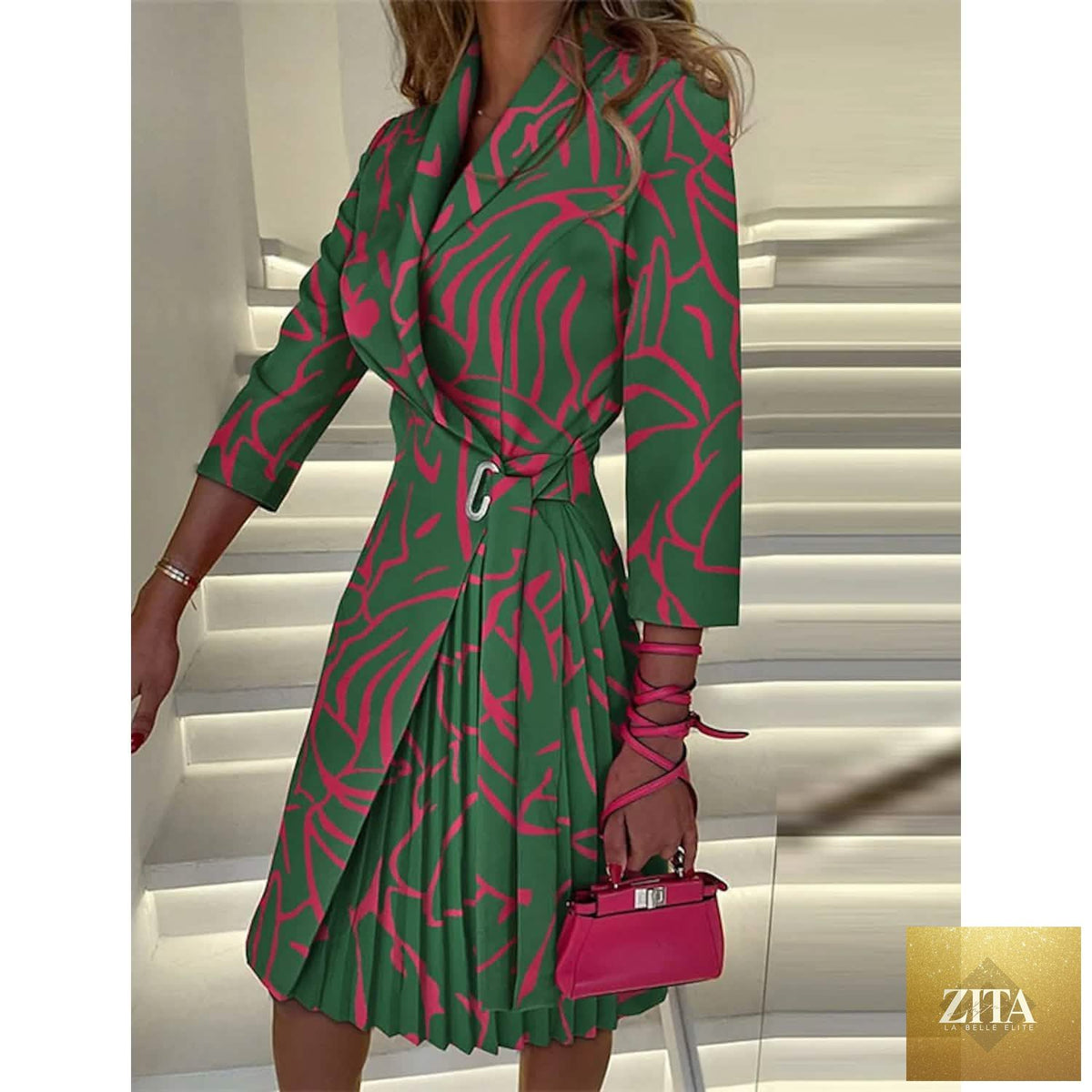 Green women's blazer dress with an A-line silhouette, knee length, ruched print, ideal for stylish occasions.