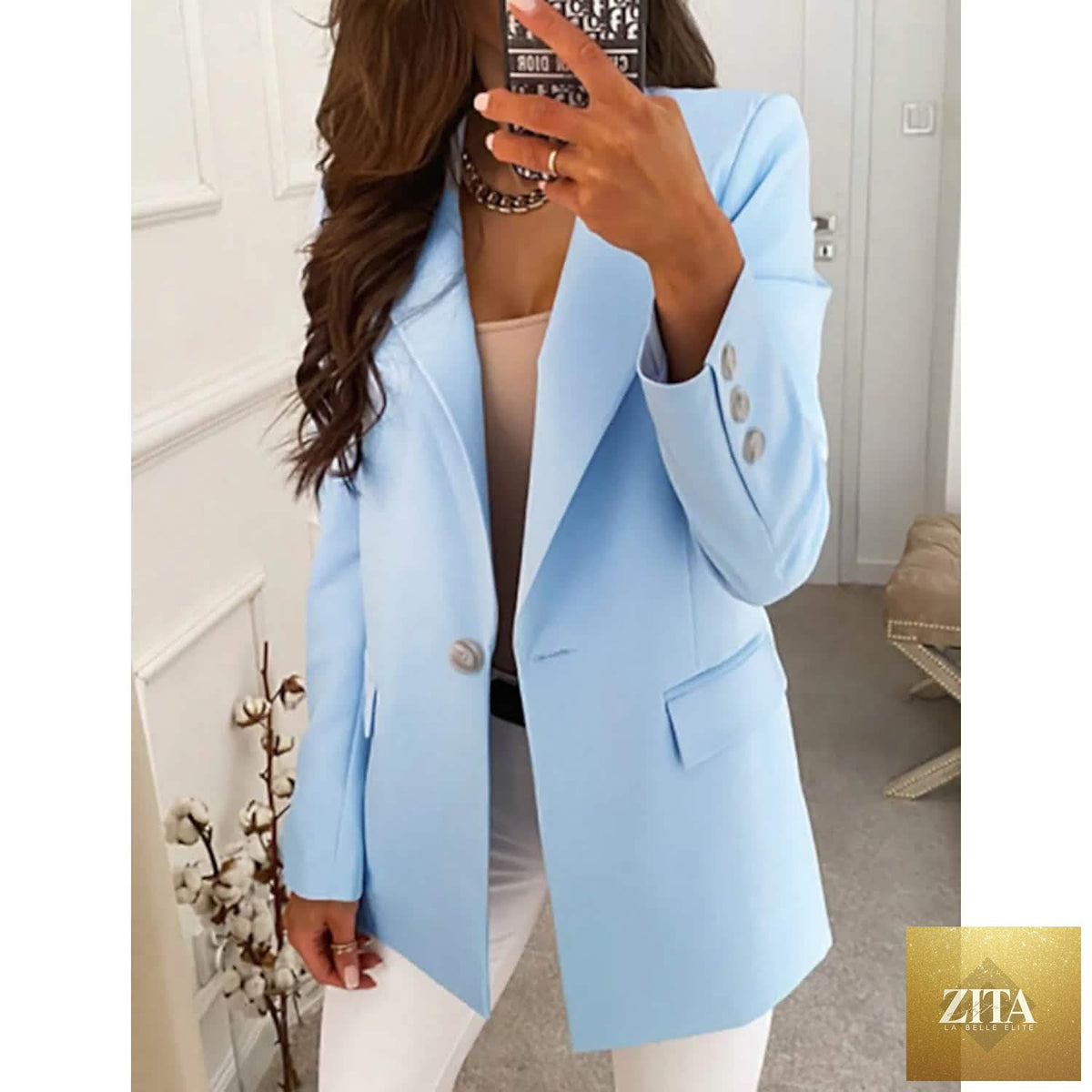 Women's casual long sleeve blazer by EasyOptionXY, stylish blue outerwear perfect for everyday wear and office outfits.