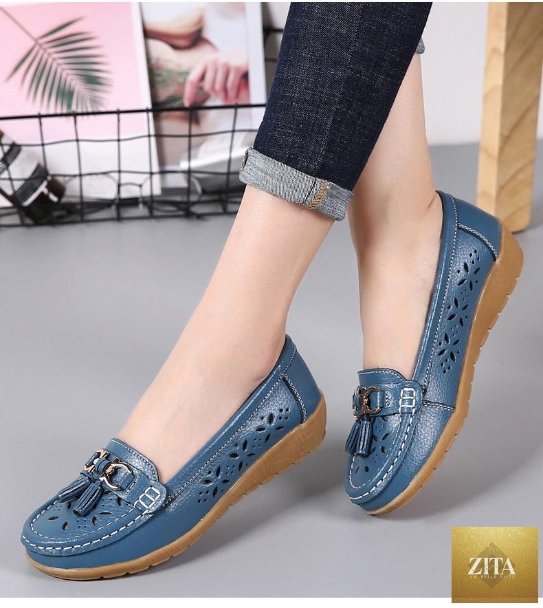 Women's summer genuine leather espadrille flats with low heels, slip-on casual shoes featuring a comfortable and durable design.