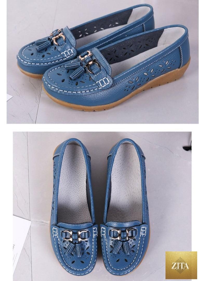 Women's Stevvex espadrille flats in genuine leather, slip-on casual shoes with low heels and spring-friendly, comfortable design.