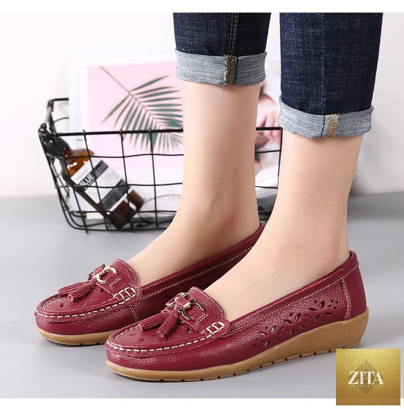 Women's leather espadrille flats with low heels, slip-on design, casual summer shoes by Stevvex, featuring a comfortable and stylish look.