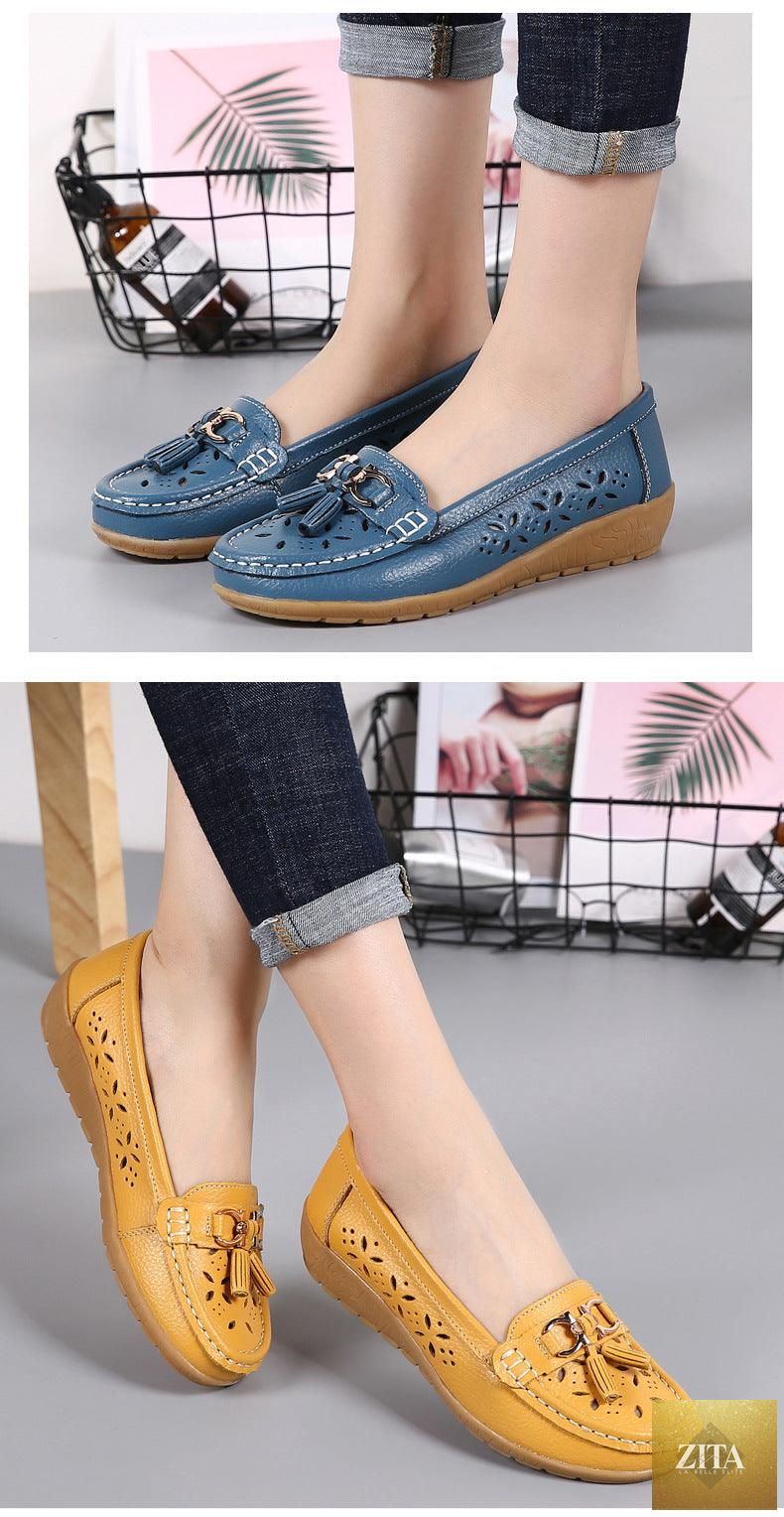 Women's Stevvex espadrilles in genuine leather, slip-on flats with low heels, casual spring shoes with a comfortable and stylish design.
