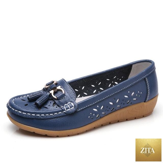 Women's Stevvex espadrille flats in genuine leather, slip-on low heels, casual spring shoes with a comfortable, strong design.