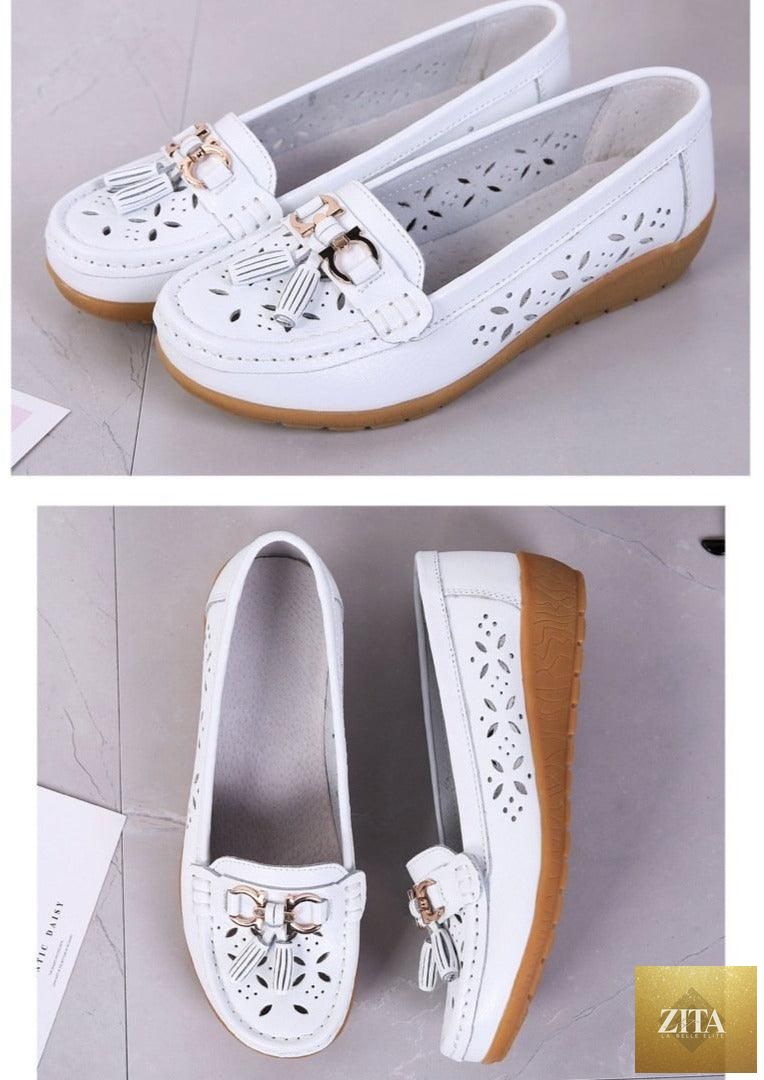 Women's Stevvex espadrille flats in genuine leather with low heels, slip-on design, perfect for casual spring wear.