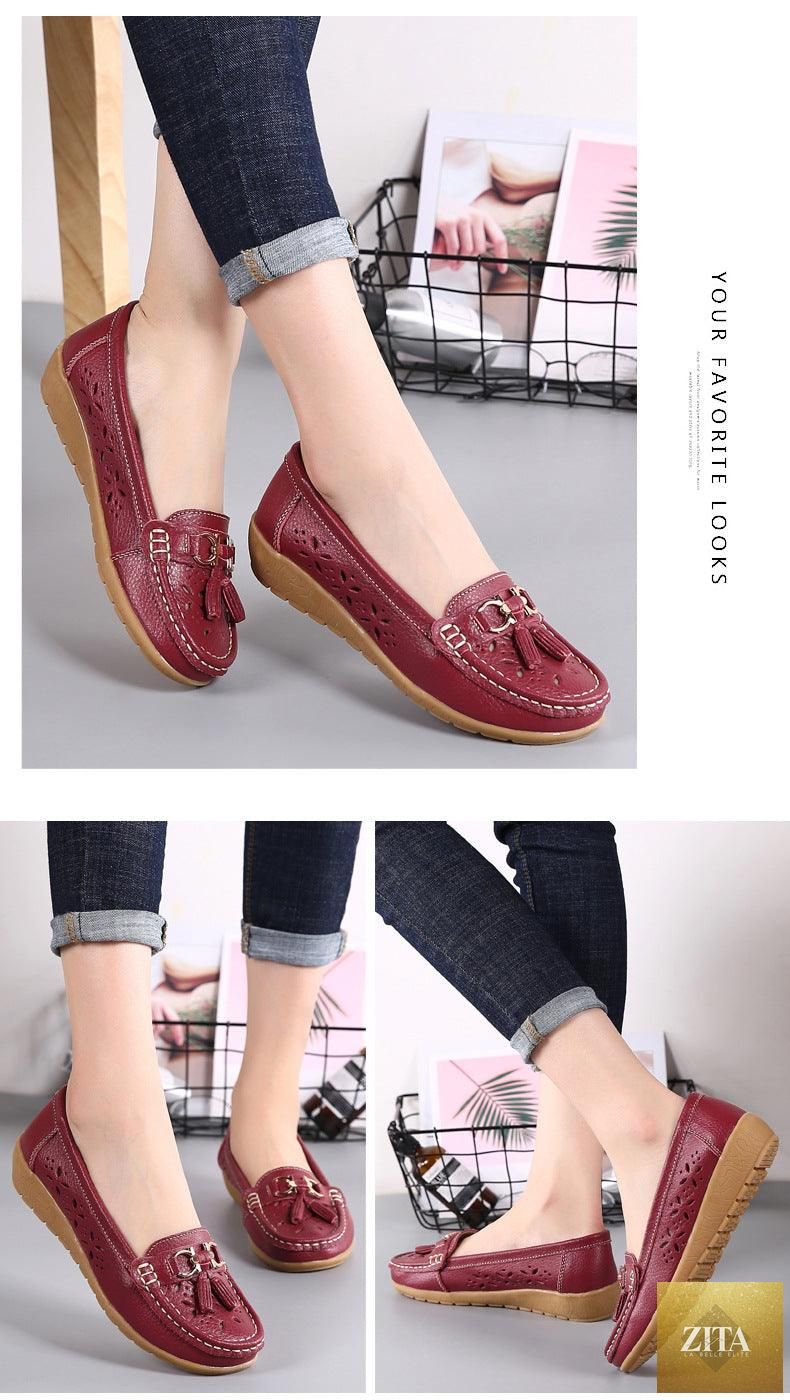 Women’s summer genuine leather espadrille flats by Stevvex with low heels, slip-on design, casual and comfortable spring shoes.