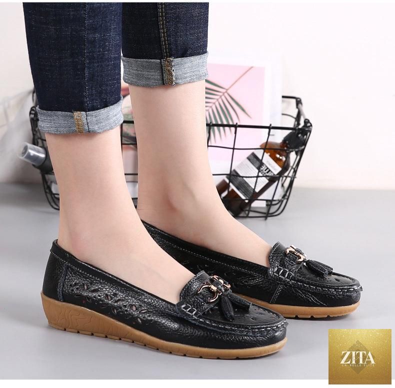 Women’s summer espadrilles by Stevvex featuring genuine leather, slip-on flats with low heels, perfect for casual and spring wear.