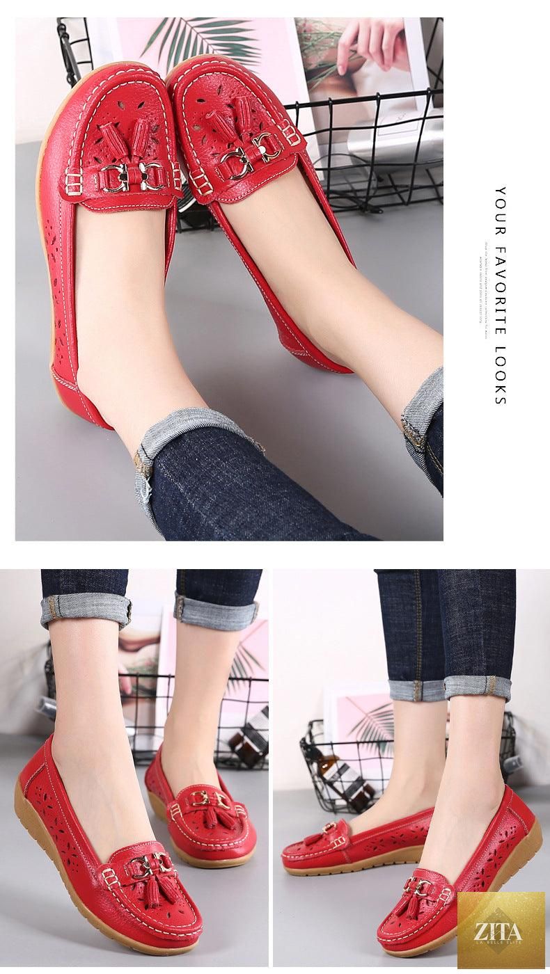 Women's Stevvex leather espadrille flats with low heels, slip-on design, casual spring shoes perfect for comfortable everyday wear.