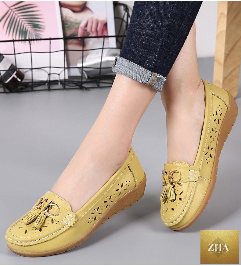 Women's Stevvex espadrille flats in genuine leather, featuring low heels and slip-on design for casual spring comfort.