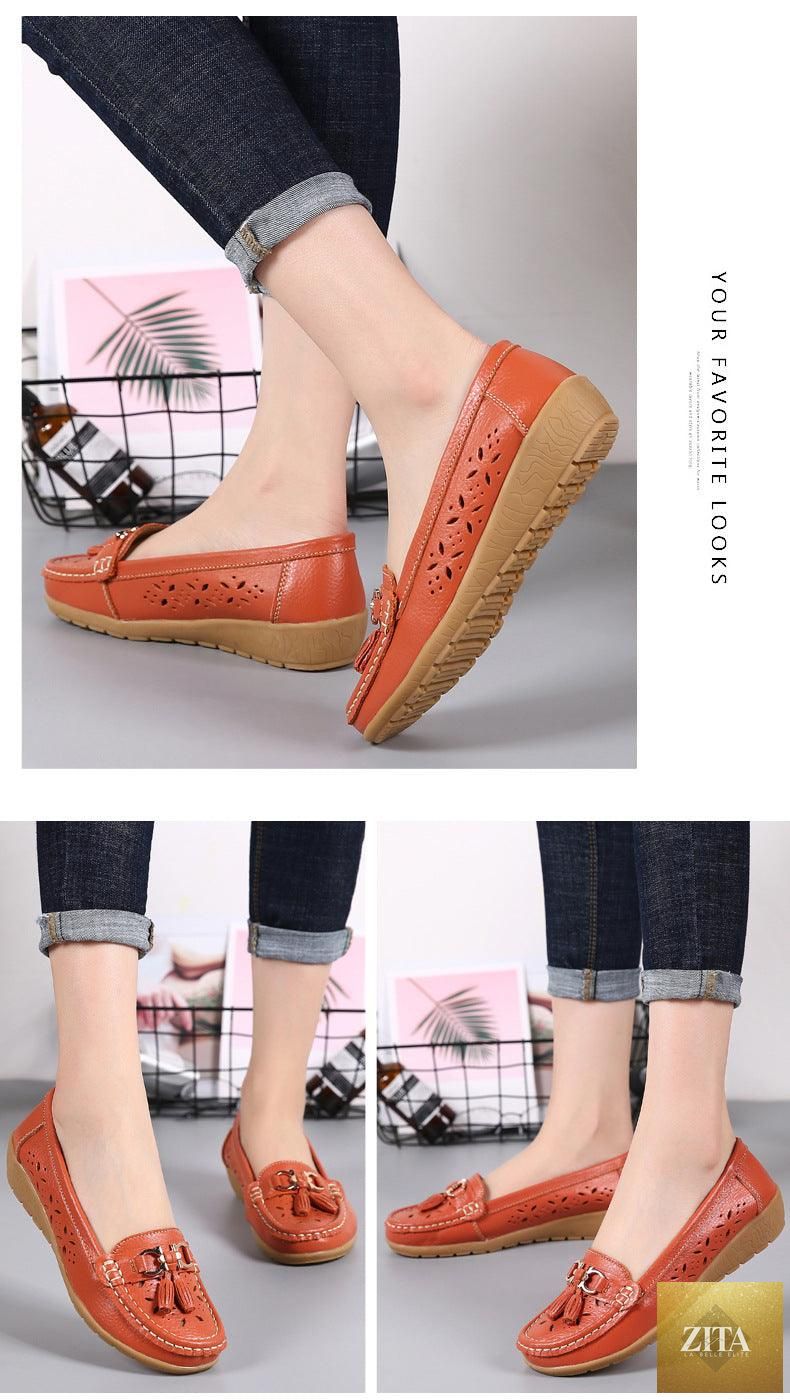 Women's Stevvex espadrille flats in genuine leather with low heels, slip-on casual shoes for spring, featuring a comfortable, strong design.