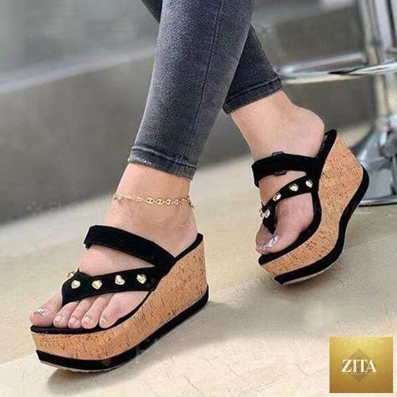 Stevvex women's high heel platform sandals with thick soles, casual summer flip flops suitable for beach and beachside wear.
