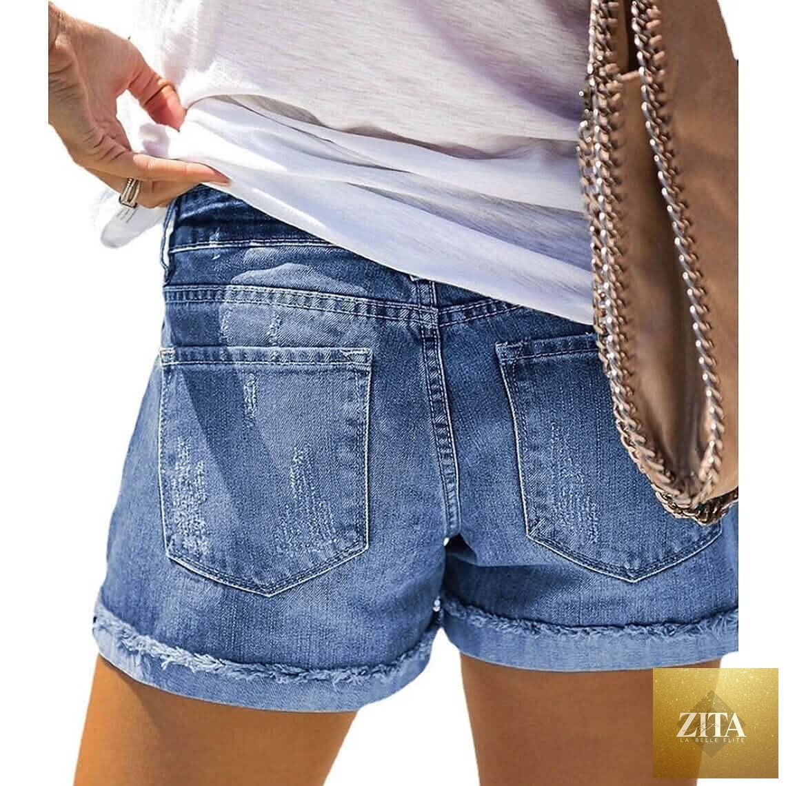 Women's denim shorts with Independence Day-themed design from Zita La Belle Elite, casual summer bottoms, front view.