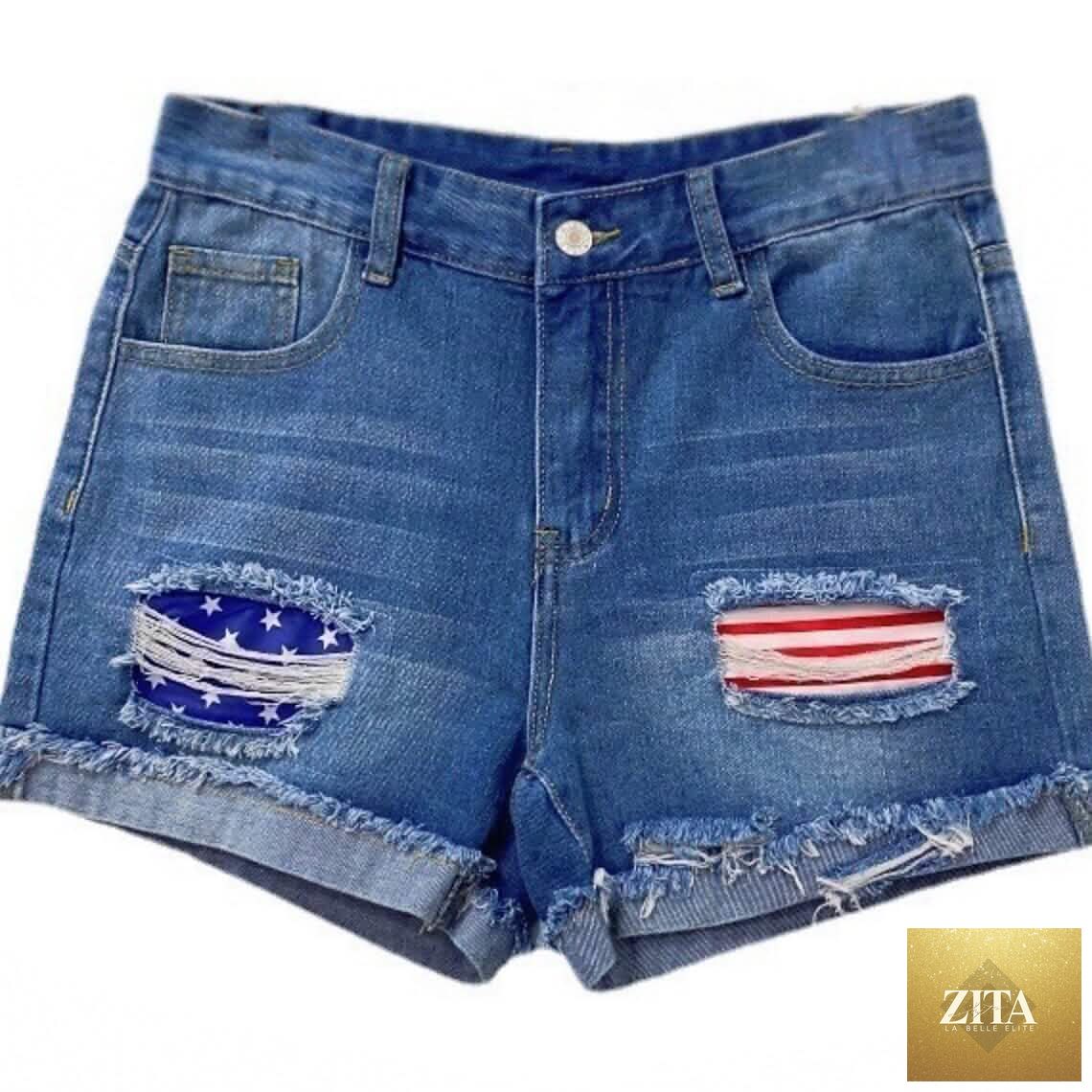 Women's denim shorts with Independence Day theme by Zita La Belle Elite, stylish women's bottoms perfect for summer celebrations.