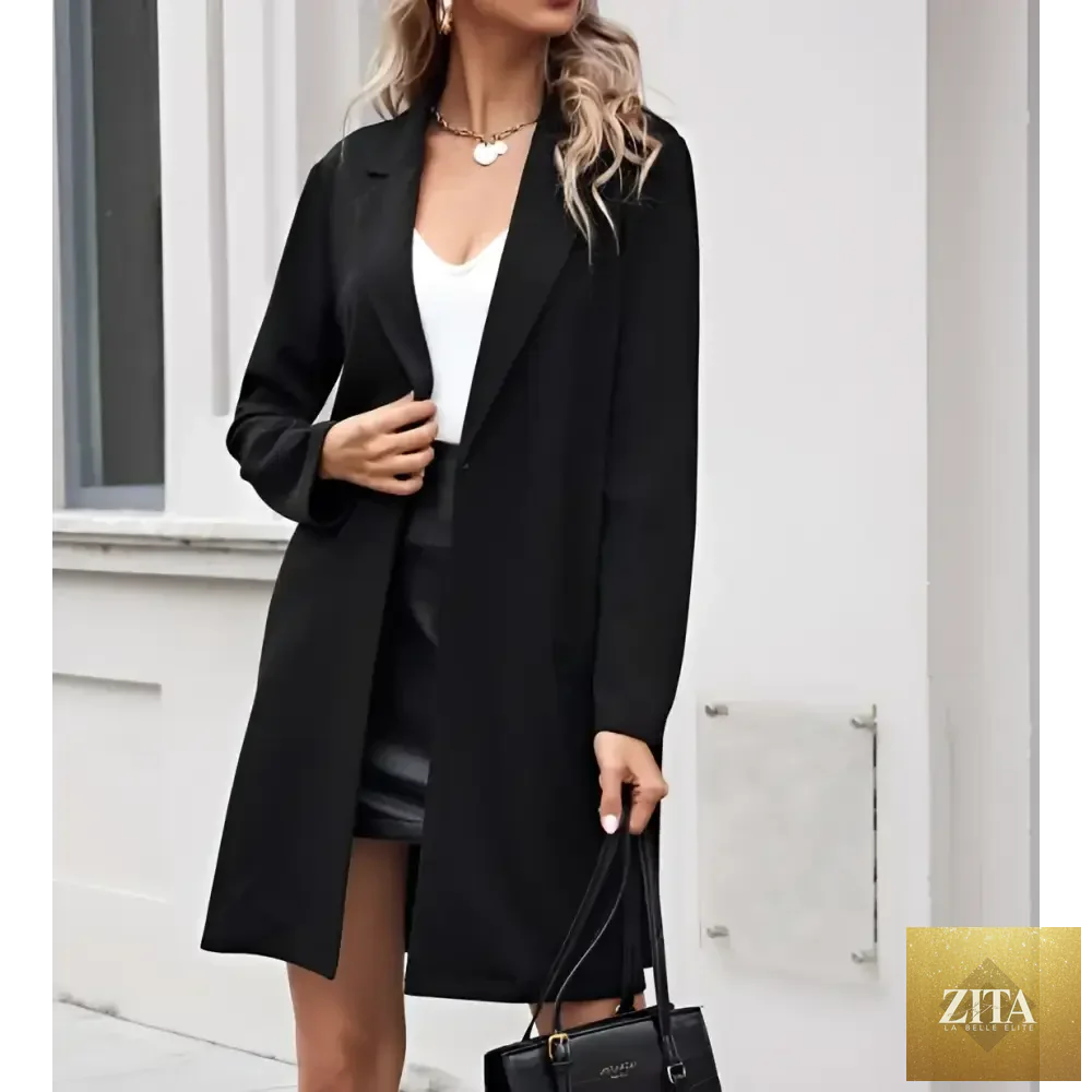 Women's lightweight open collar suit jacket by Zita La Belle Elite, long tailored blazer with a sleek open collar design.