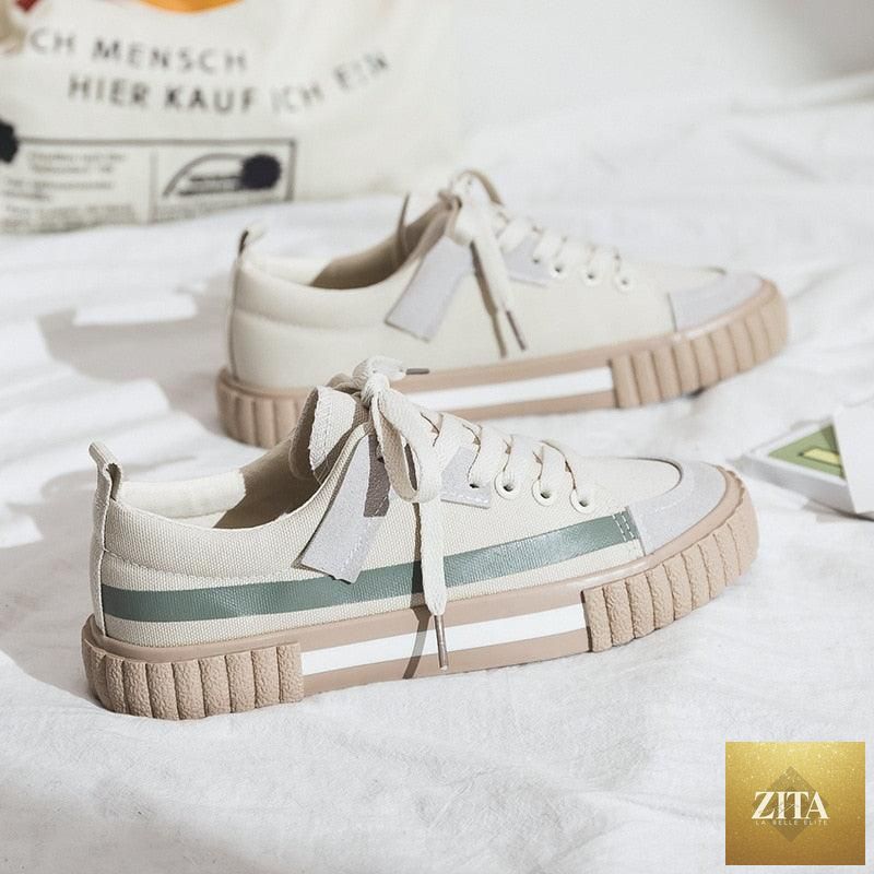 Womens Stevvex spring fashion canvas slip-on flats with striped design, low-cut trainers, casual comfortable canvas sneakers.