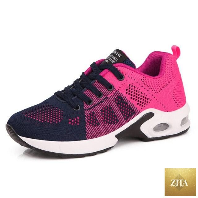Women’s red breathable mesh sneakers with air cushion sole, lightweight, non-slip, ideal for casual, jogging, or gym workouts.