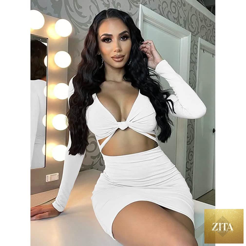 Women's sexy bodycon mini dress with deep V neck, long sleeves, and cut-out details, stylish for club and evening wear.