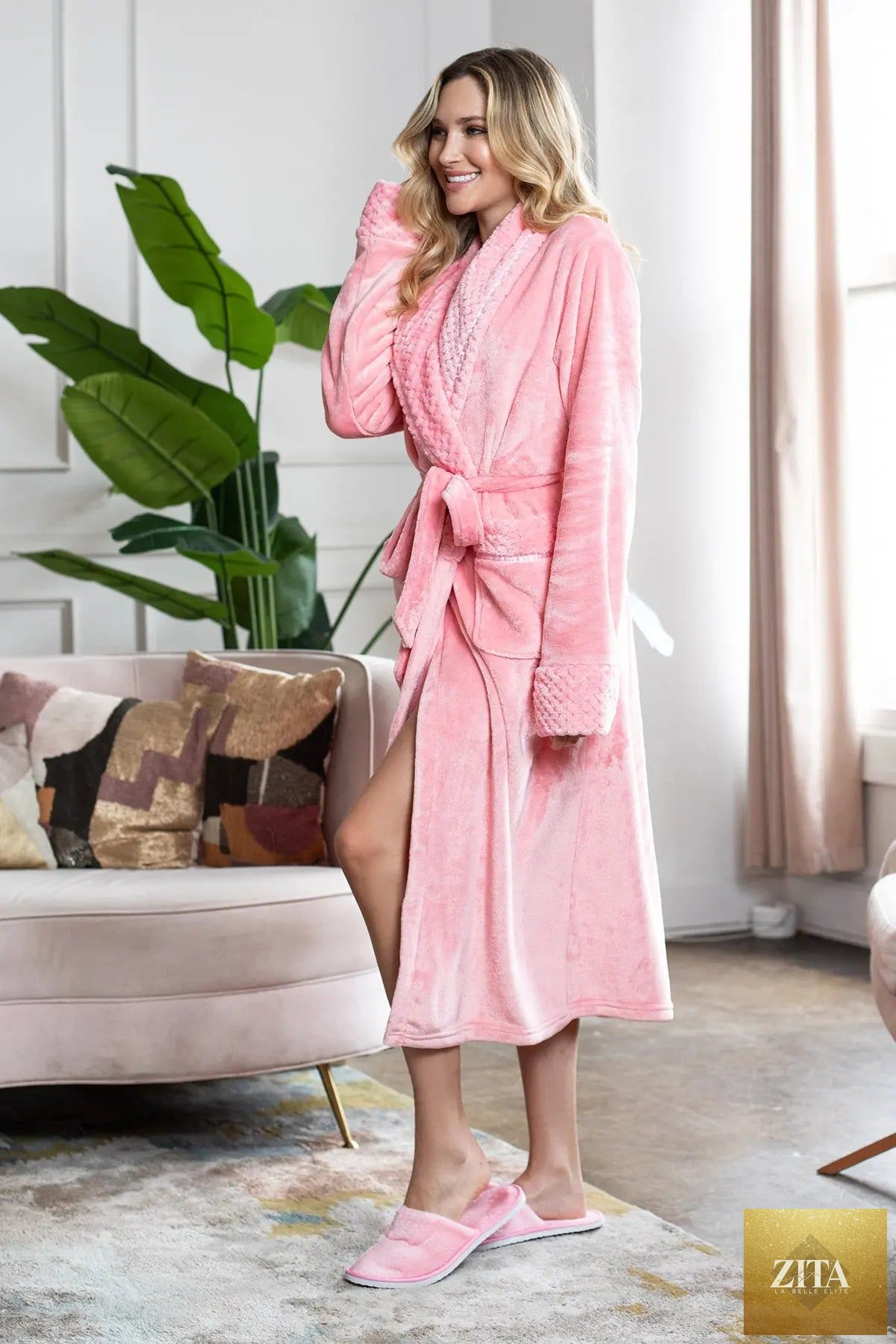 Women's ultra-soft plush bathrobe from Lotus Linen, cozy and comfortable robe with a relaxed fit and plush fabric.