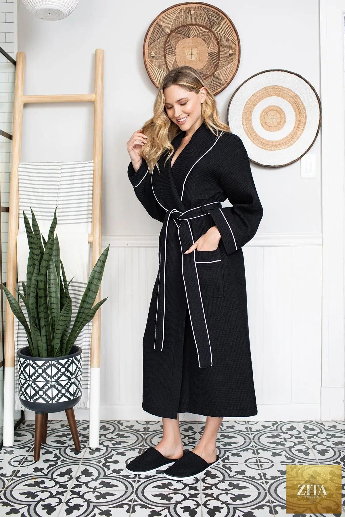 Women’s lightweight waffle piping bathrobe from Lotus Linen, spa-style comfort with soft, textured fabric and relaxed fit.