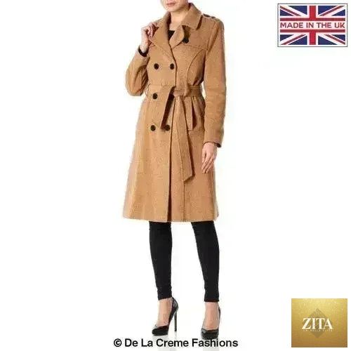 Camel wool and cashmere blend military coat by Femstylo, British-made jacket with structured design and classic style.