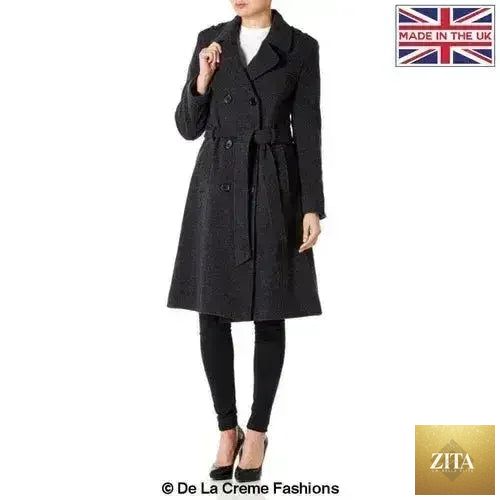 Grey Wool Cashmere Military Coat by Femstylo, British-made jacket with tailored design and military-inspired style.