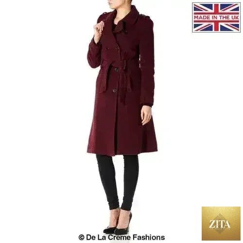 Wool and cashmere blend British military coat in wine color, Femstylo jacket with tailored design and button details.