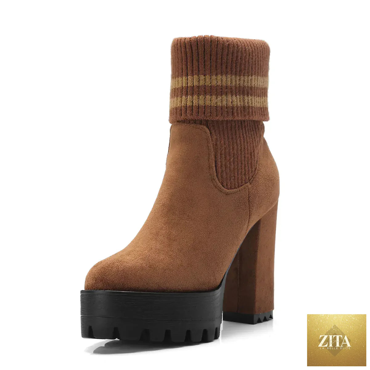 Fashionable women's chunky high heel waterproof boots with stylish design and sturdy soles, perfect for trendy outdoor wear.